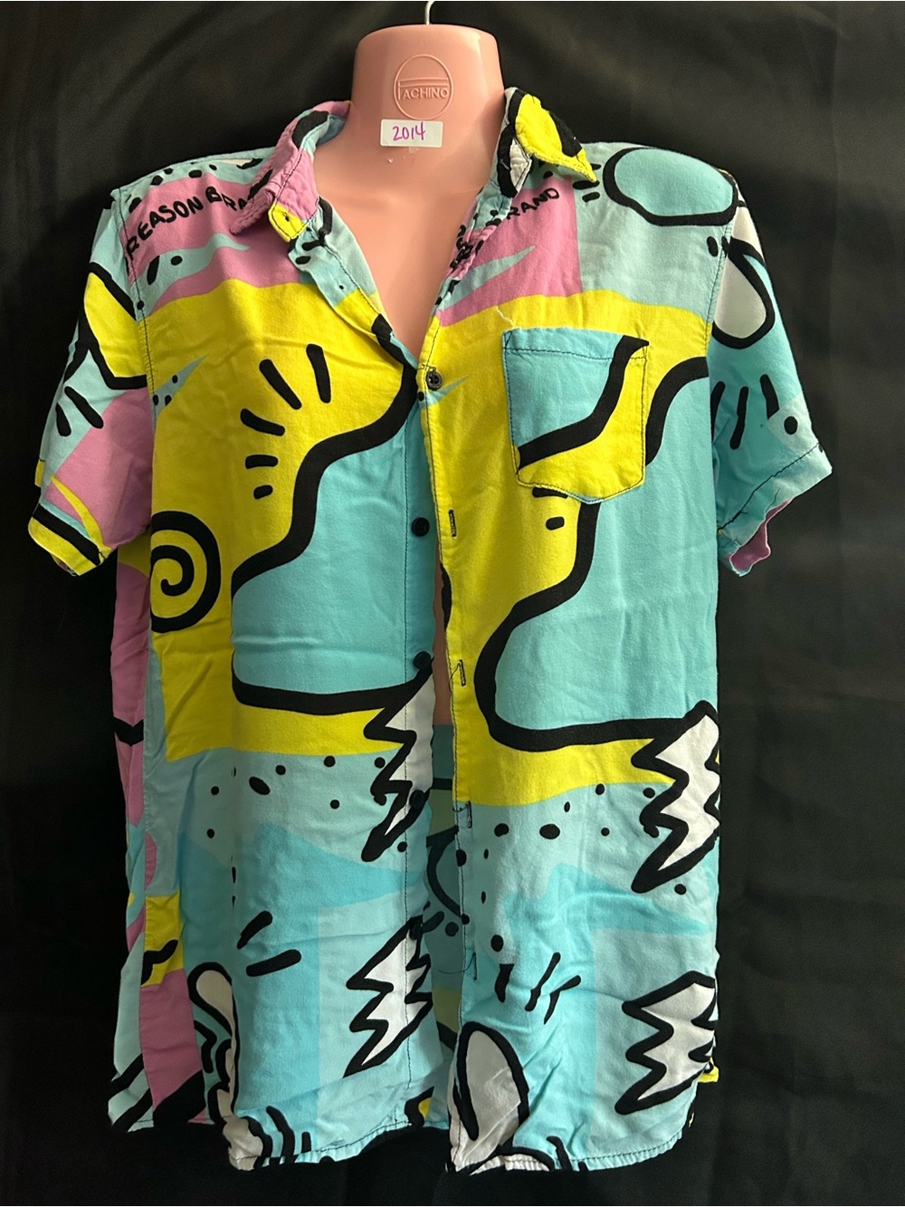 Reason Vibrant Abstract Print Short Sleeve Shirt Aqua/Pink/Yellow MD